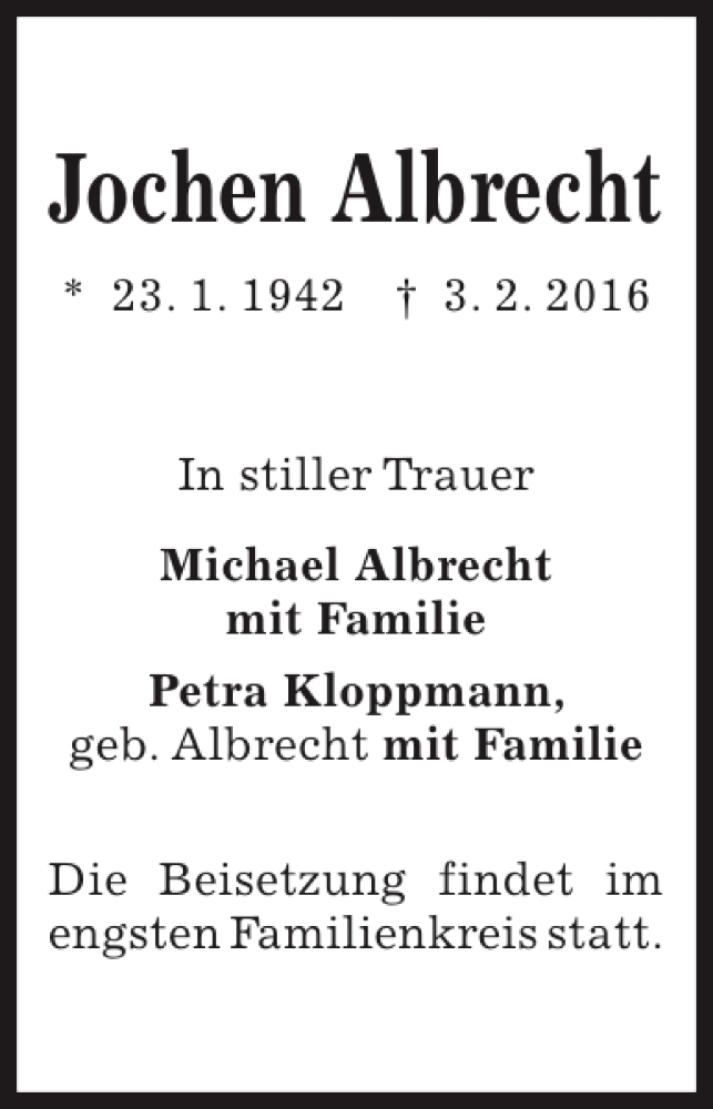  Traueranzeige für Jochen Albrecht vom 13.02.2016 aus Kieler Nachrichten / Segeberger Zeitung