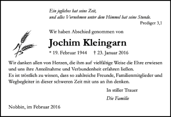 Traueranzeige von Jochim Kleingarn von Lübecker Nachrichten