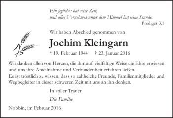 Traueranzeige von Jochim Kleingarn von Ostsee-Zeitung