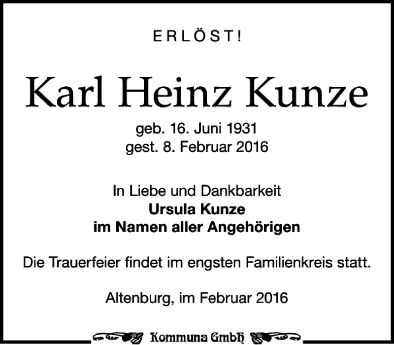 Traueranzeigen Von Karl Heinz Kunze Trauer Anzeigen De