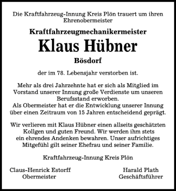 Traueranzeige von Klaus Hübner von Kieler Nachrichten / Segeberger Zeitung