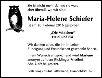 Traueranzeige von Maria-Helene Schiefer von HAZ/NP