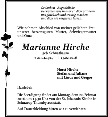 Traueranzeige von Marianne Hirche von Kieler Nachrichten / Segeberger Zeitung