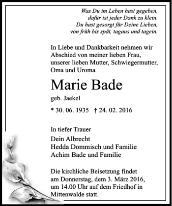 Traueranzeige von Marie Bade von MAZ-Trauer.de