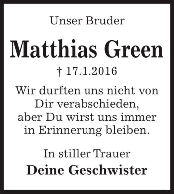 Traueranzeige von Matthias Green von Kieler Nachrichten / Segeberger Zeitung