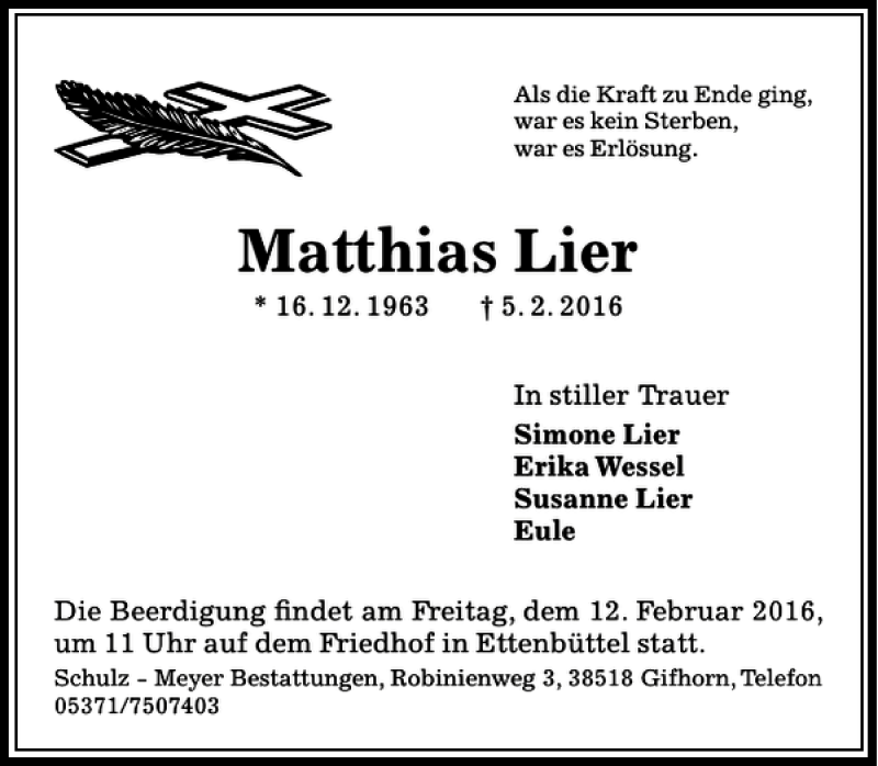  Traueranzeige für Matthias Lier vom 10.02.2016 aus Aller Zeitung / Wolfsburger Allgemeine