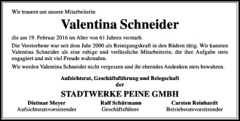 Traueranzeige von Nachruf Valentina Schneider von Peiner Allgemeine Zeitung