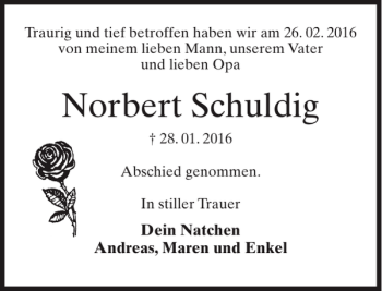 Traueranzeige von Norbert Schuldig von MAZ-Trauer.de