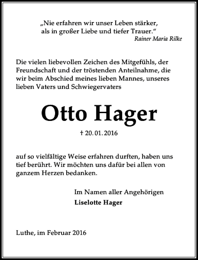  Traueranzeige für Otto Hager vom 27.02.2016 aus HAZ/NP