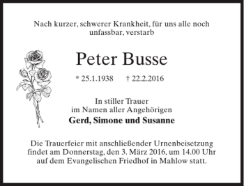 Traueranzeige von Peter Busse von MAZ-Trauer.de