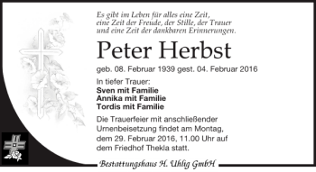 Traueranzeige von Peter Herbst von Leipziger Volkszeitung