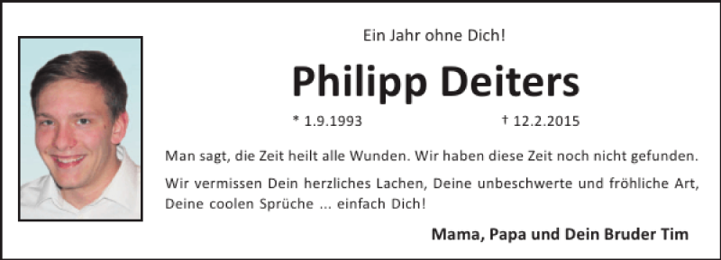  Traueranzeige für Philipp Deiters vom 12.02.2016 aus HAZ/NP
