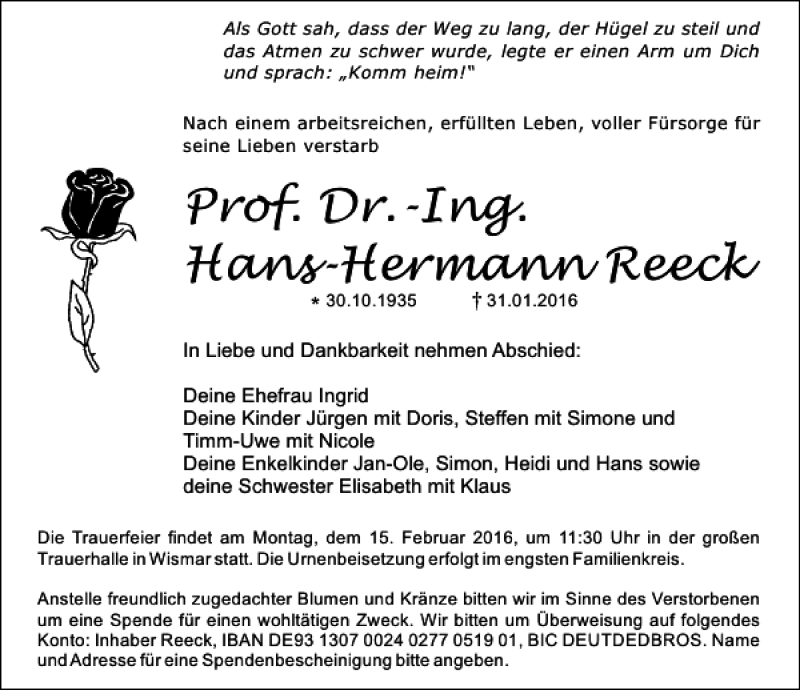  Traueranzeige für Prof. Dr.-Ing.Hans-Hermann Reeck vom 06.02.2016 aus Ostsee-Zeitung