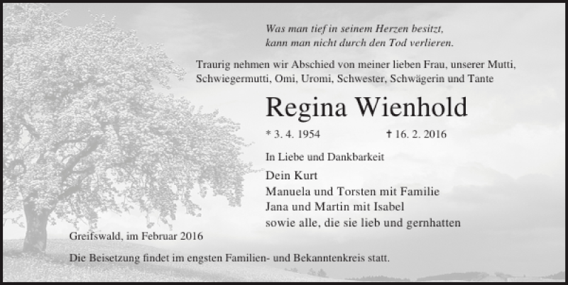 Traueranzeigen Von Regina Wienhold Trauer Anzeigen De