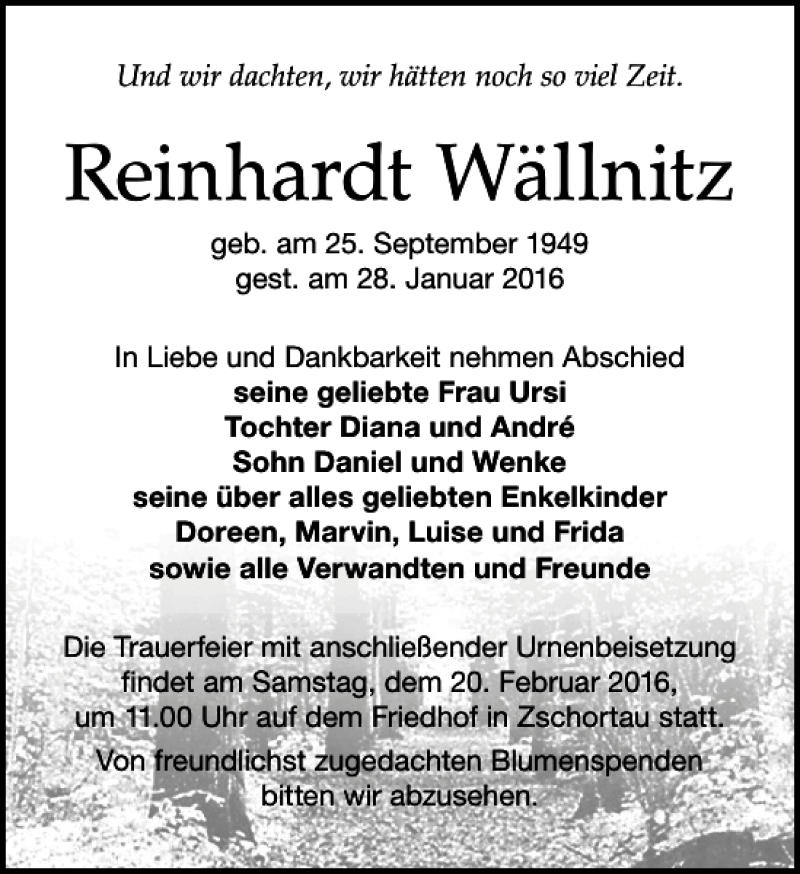  Traueranzeige für Reinhardt Wällnitz vom 06.02.2016 aus Leipziger Volkszeitung