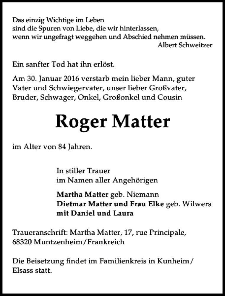  Traueranzeige für Roger Matter vom 03.02.2016 aus HAZ/NP