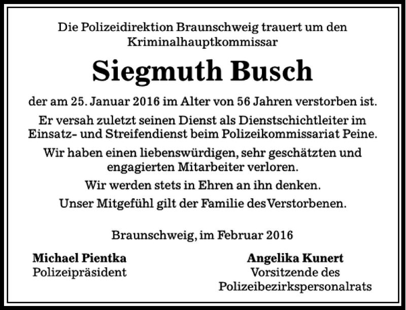  Traueranzeige für Siegmuth Busch vom 08.02.2016 aus Peiner Allgemeine Zeitung