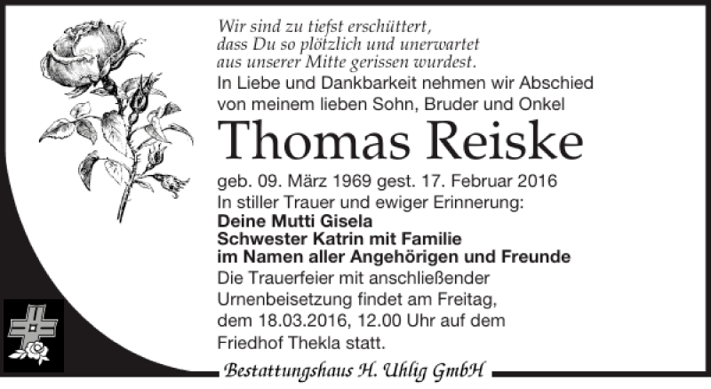  Traueranzeige für Thomas Reiske vom 27.02.2016 aus Leipziger Volkszeitung