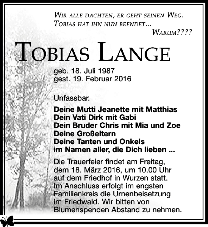  Traueranzeige für Tobias Lange vom 27.02.2016 aus Leipziger Volkszeitung