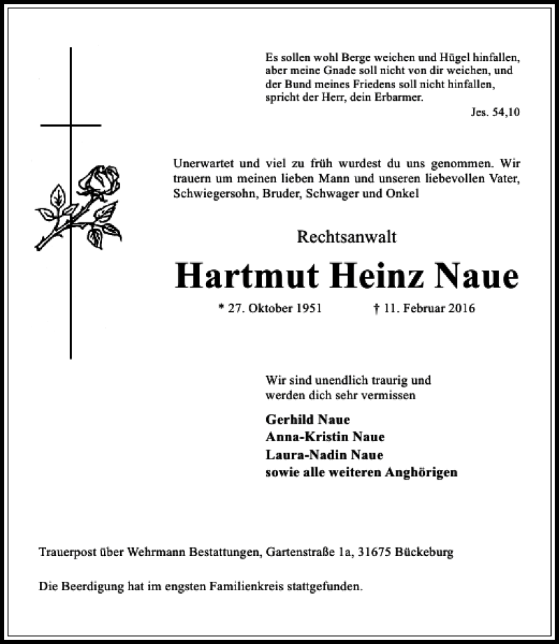  Traueranzeige für Traueranzeige Hartmut Naue vom 17.02.2016 aus Schaumburger Nachrichten