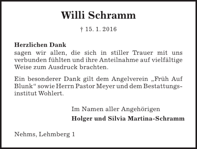 Traueranzeigen Von Willi Schramm Trauer Anzeigende 