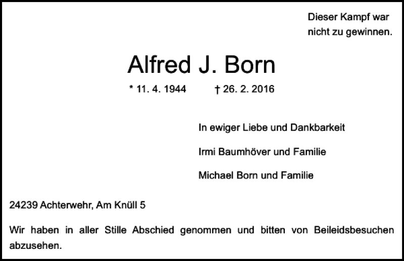  Traueranzeige für Alfred J. Born vom 05.03.2016 aus Kieler Nachrichten / Segeberger Zeitung