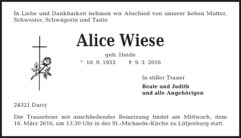 Traueranzeige von Alice Wiese von Kieler Nachrichten / Segeberger Zeitung