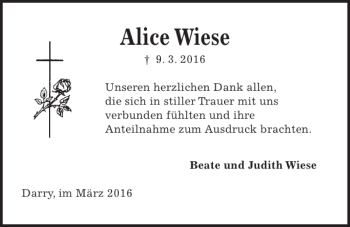 Traueranzeige von Alice Wiese von Kieler Nachrichten / Segeberger Zeitung