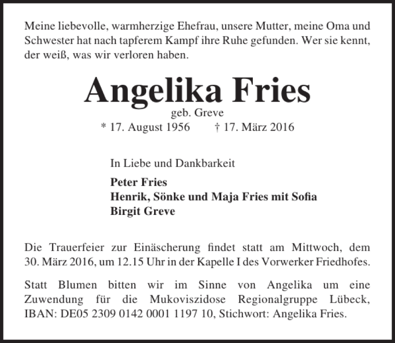  Traueranzeige für Angelika Fries vom 23.03.2016 aus Lübecker Nachrichten