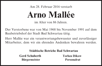 Traueranzeige von Arno Mallée von Lübecker Nachrichten