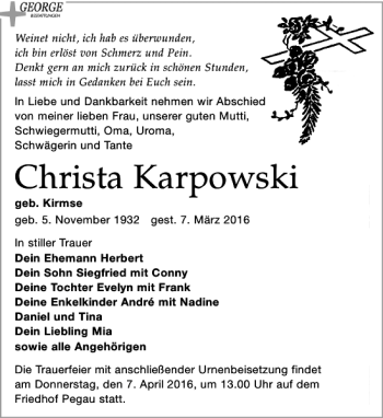 Traueranzeige von Christa Karpowski von Leipziger Volkszeitung