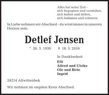Traueranzeige von Detlef Jensen von Kieler Nachrichten / Segeberger Zeitung