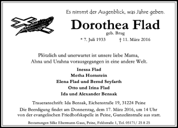 Traueranzeige von Dorothea Flad von Peiner Allgemeine Zeitung