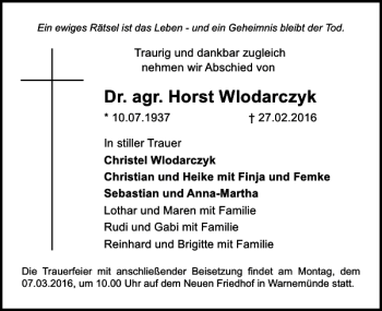 Traueranzeige von Dr. agr. Horst Wlodarczyk von Ostsee-Zeitung