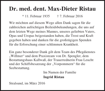 Traueranzeige von Dr. med. dent. Max-Dieter Ristau von Ostsee-Zeitung