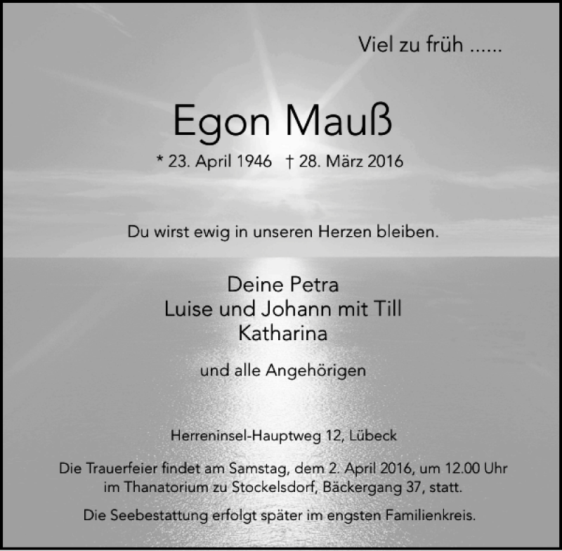  Traueranzeige für Egon Mauß vom 31.03.2016 aus Lübecker Nachrichten