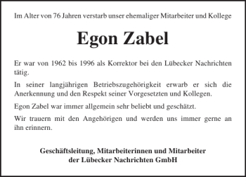 Traueranzeige von Egon Zabel von Lübecker Nachrichten