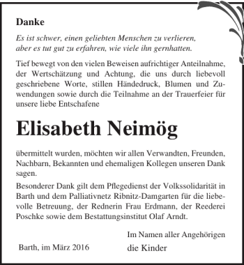 Traueranzeige von Elisabeth Neimög von Ostsee-Zeitung