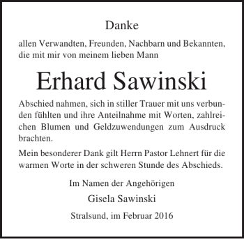 Traueranzeige von Erhard Sawinski von Ostsee-Zeitung