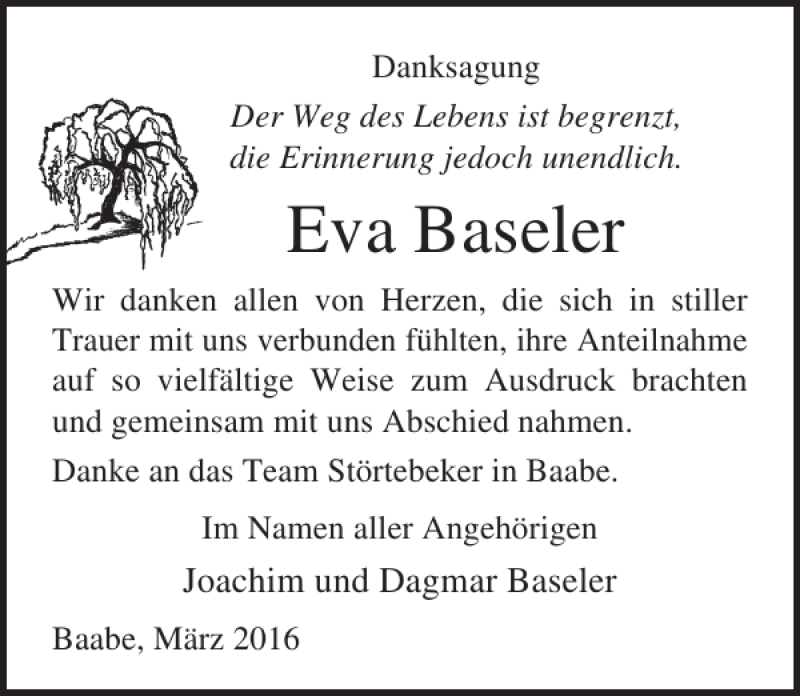  Traueranzeige für Eva Baseler vom 19.03.2016 aus Ostsee-Zeitung