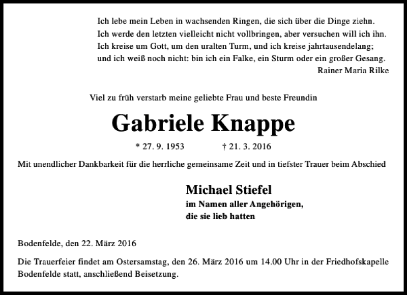  Traueranzeige für Gabriele Knappe vom 23.03.2016 aus Göttinger Tageblatt