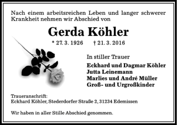 Traueranzeige von Gerda Köhler von Peiner Allgemeine Zeitung
