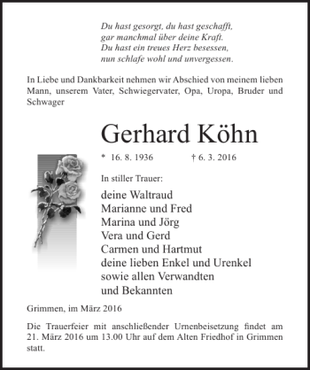 Traueranzeige von Gerhard Köhn von Ostsee-Zeitung
