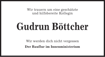 Traueranzeige von Gudrun Böttcher von Kieler Nachrichten / Segeberger Zeitung
