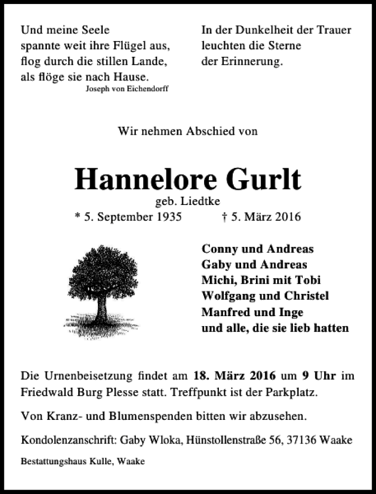  Traueranzeige für Hannelore Gurlt vom 12.03.2016 aus Göttinger Tageblatt