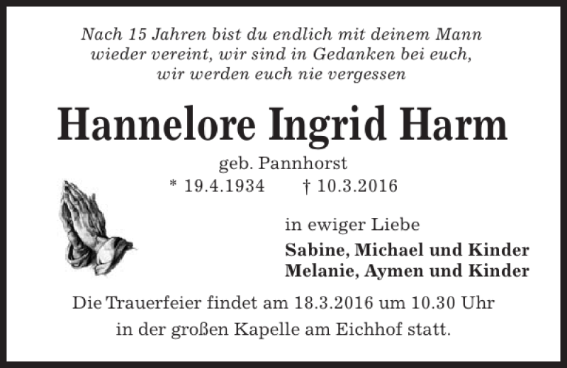  Traueranzeige für Hannelore Ingrid Harm vom 16.03.2016 aus Kieler Nachrichten / Segeberger Zeitung