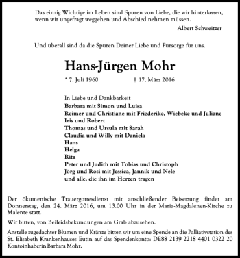Traueranzeige von Hans-Jürgen Mohr von Lübecker Nachrichten