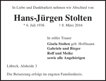 Traueranzeige von Hans-Jürgen Stolten von Lübecker Nachrichten