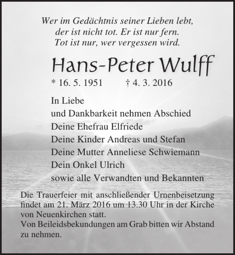  Traueranzeige für Hans-Peter Wulff vom 12.03.2016 aus Ostsee-Zeitung