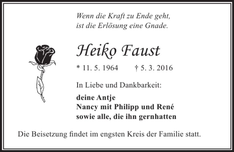  Traueranzeige für Heiko Faust vom 12.03.2016 aus Ostsee-Zeitung